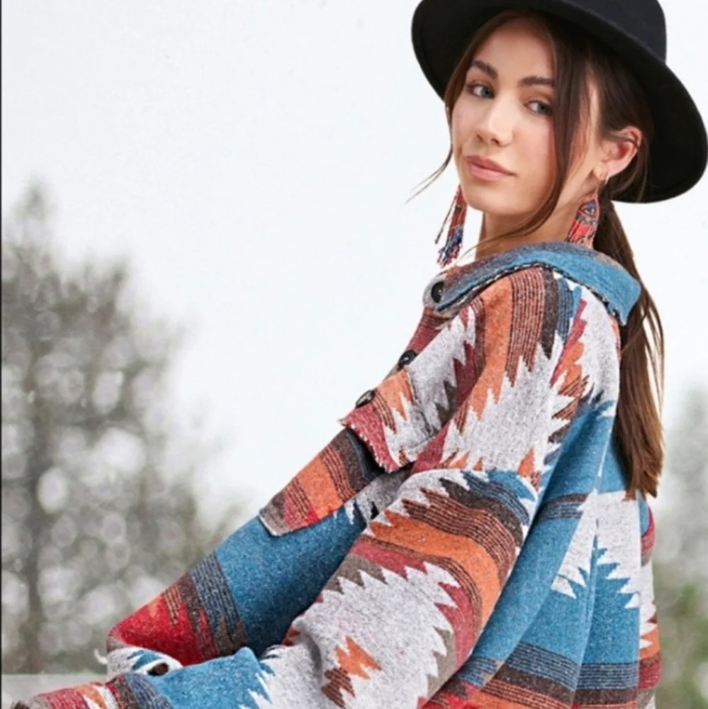 New Aztec Distressed Flannel Jacket Coat Shacket Button Up Top Blue Red - Picture 7 of 13